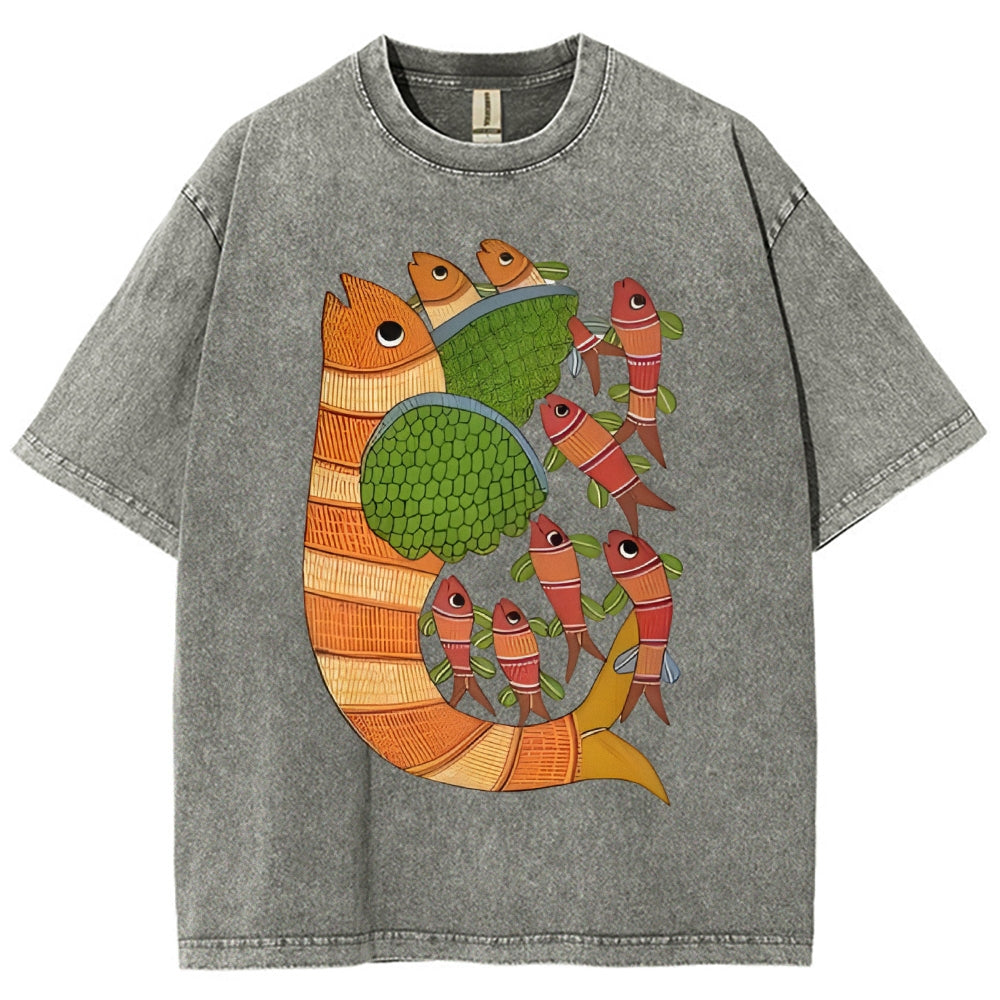 Unisex Vintage Fish Printed Washed Tee