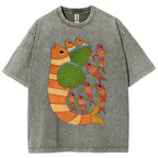 Unisex Vintage Fish Printed Washed Tee