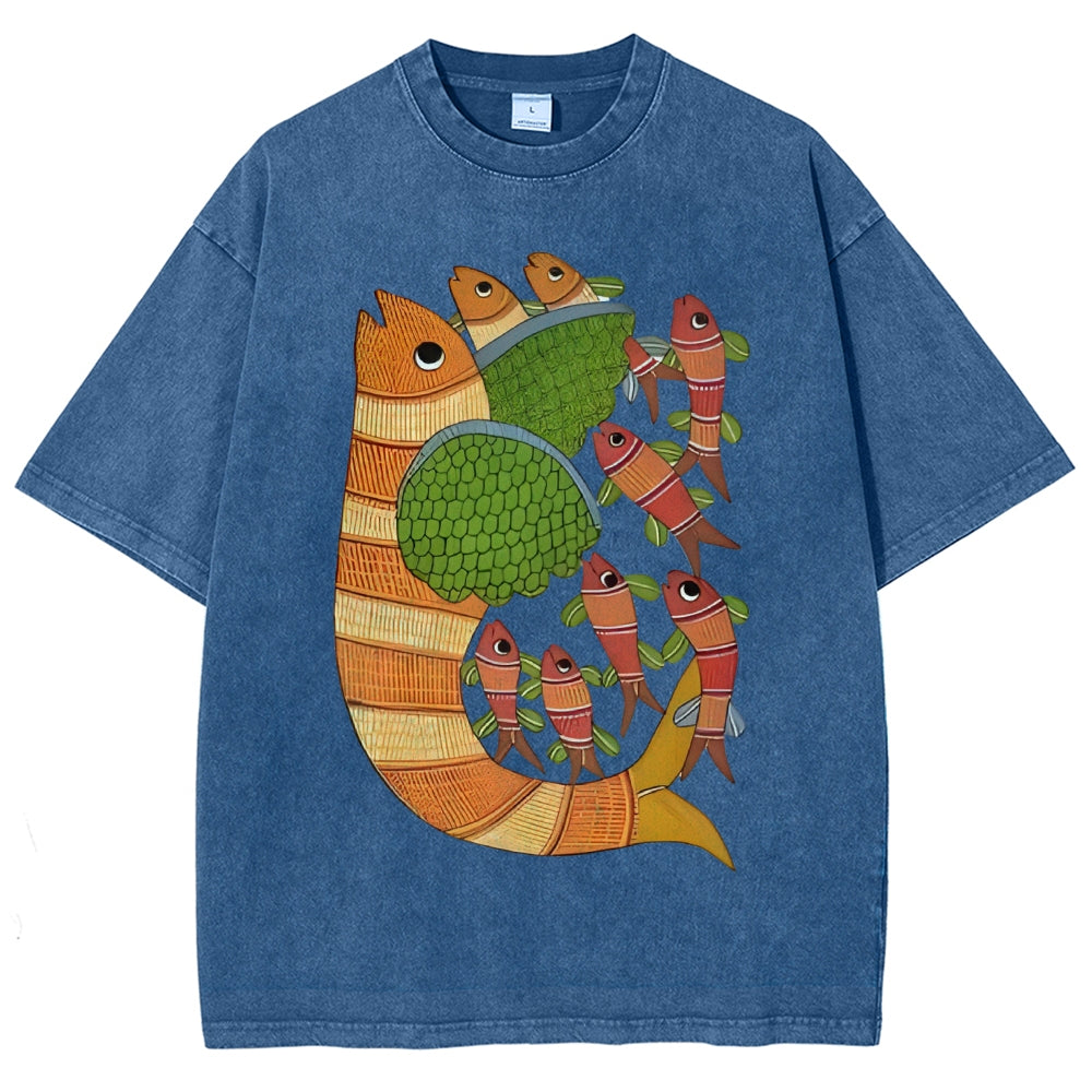 Unisex Vintage Fish Printed Washed Tee
