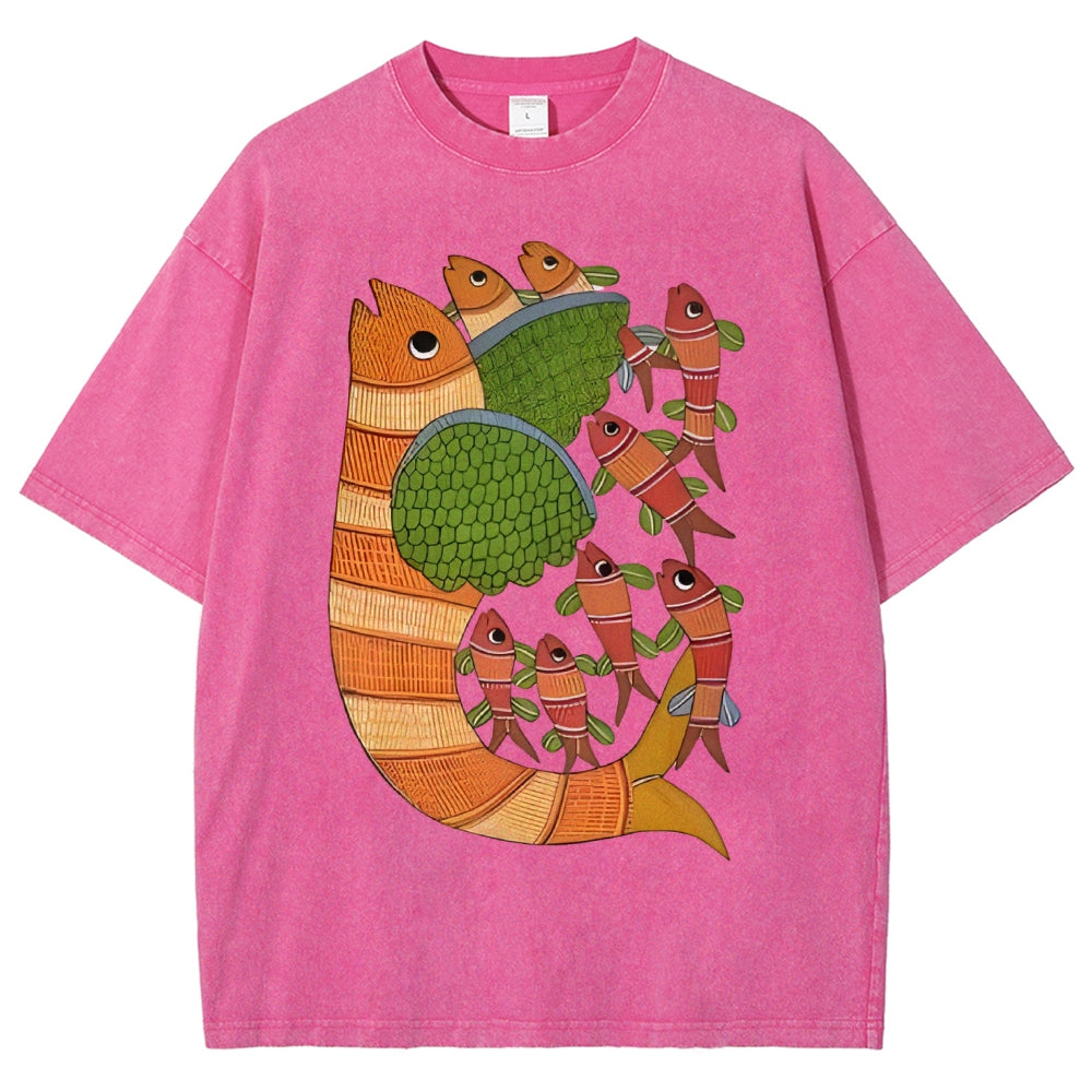 Unisex Vintage Fish Printed Washed Tee