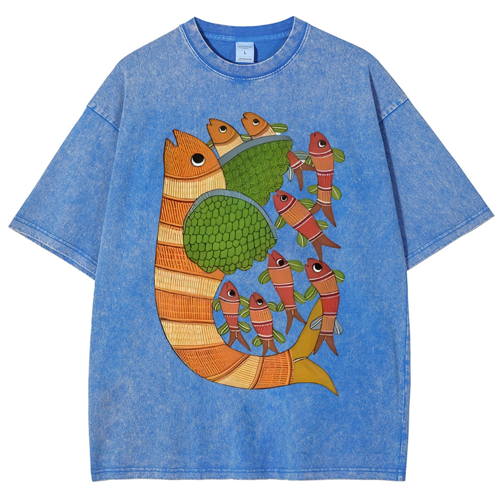 Unisex Vintage Fish Printed Washed Tee