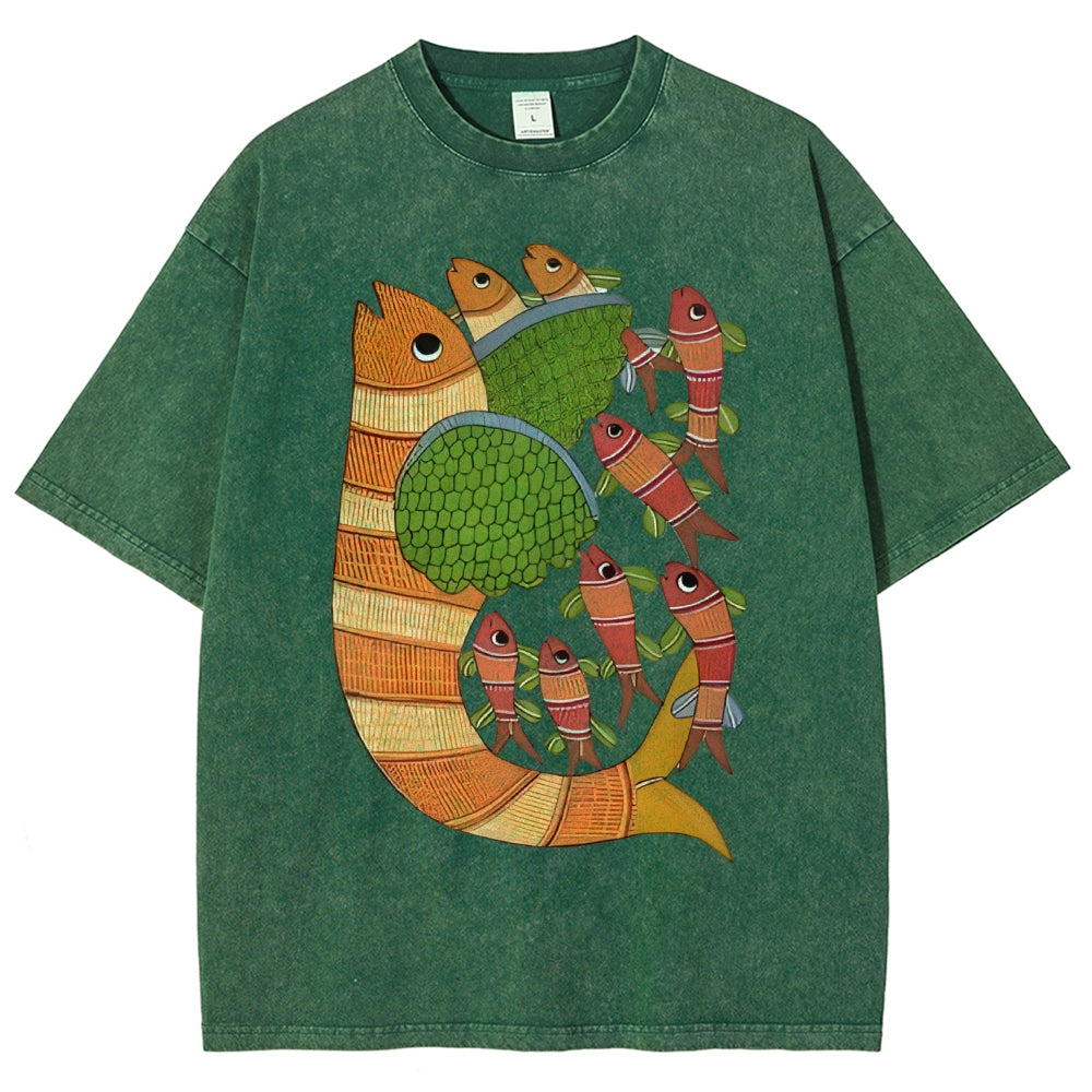 Unisex Vintage Fish Printed Washed Tee