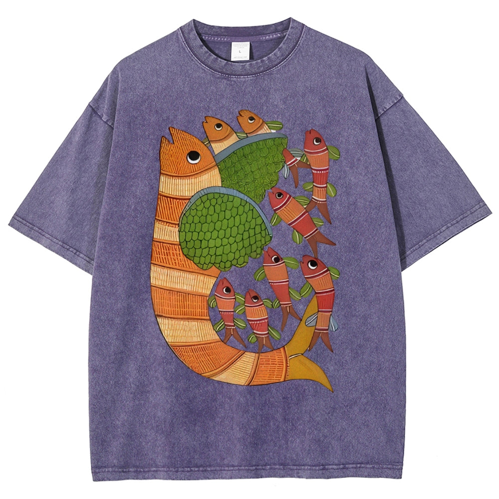 Unisex Vintage Fish Printed Washed Tee