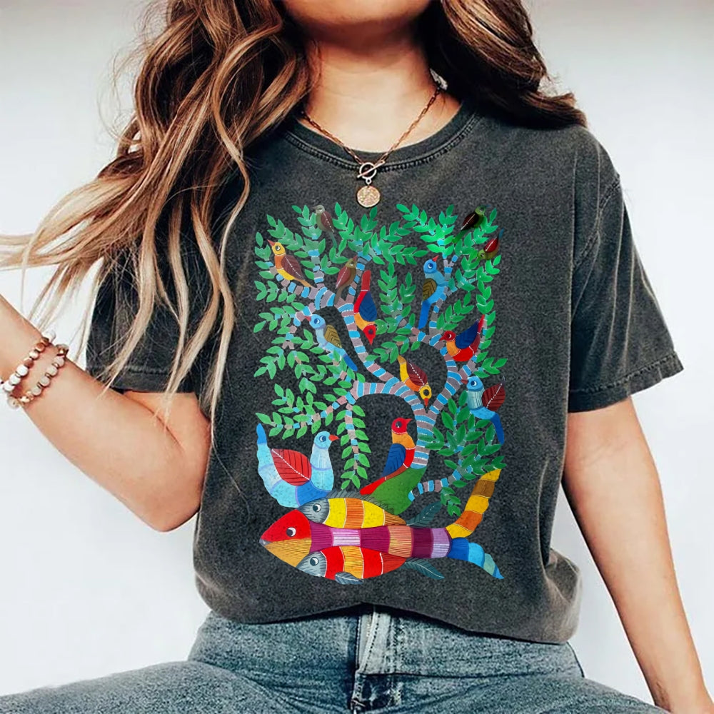 Unisex Colorful Art Fish Printed Washed Tee