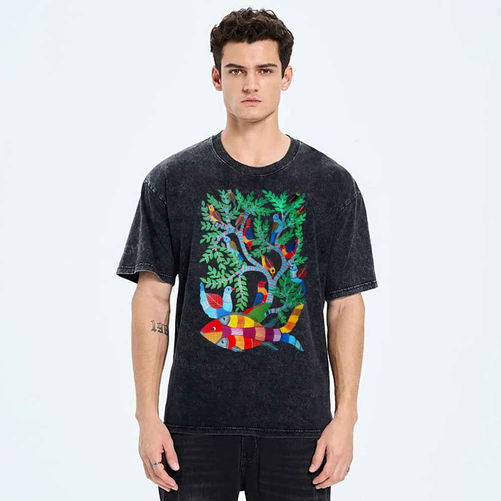 Unisex Colorful Art Fish Printed Washed Tee