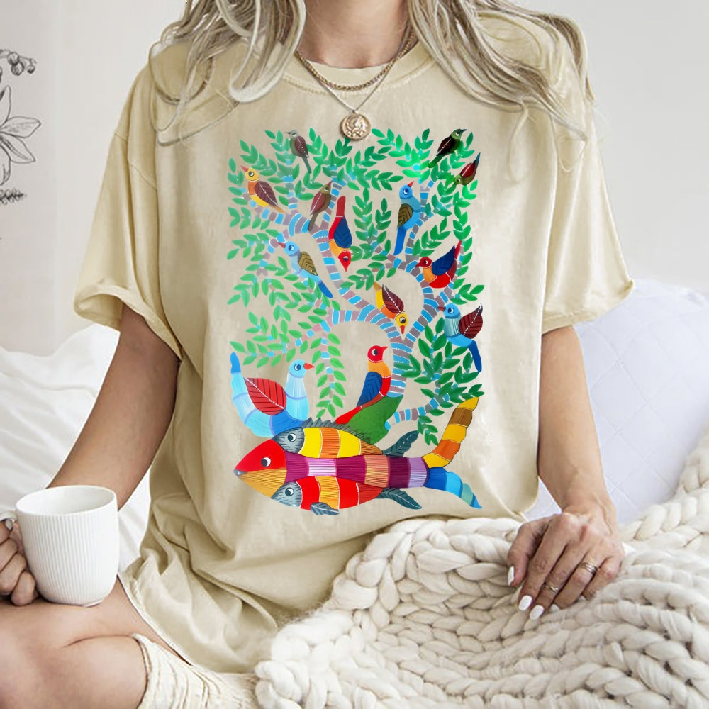 Unisex Colorful Art Fish Printed Washed Tee