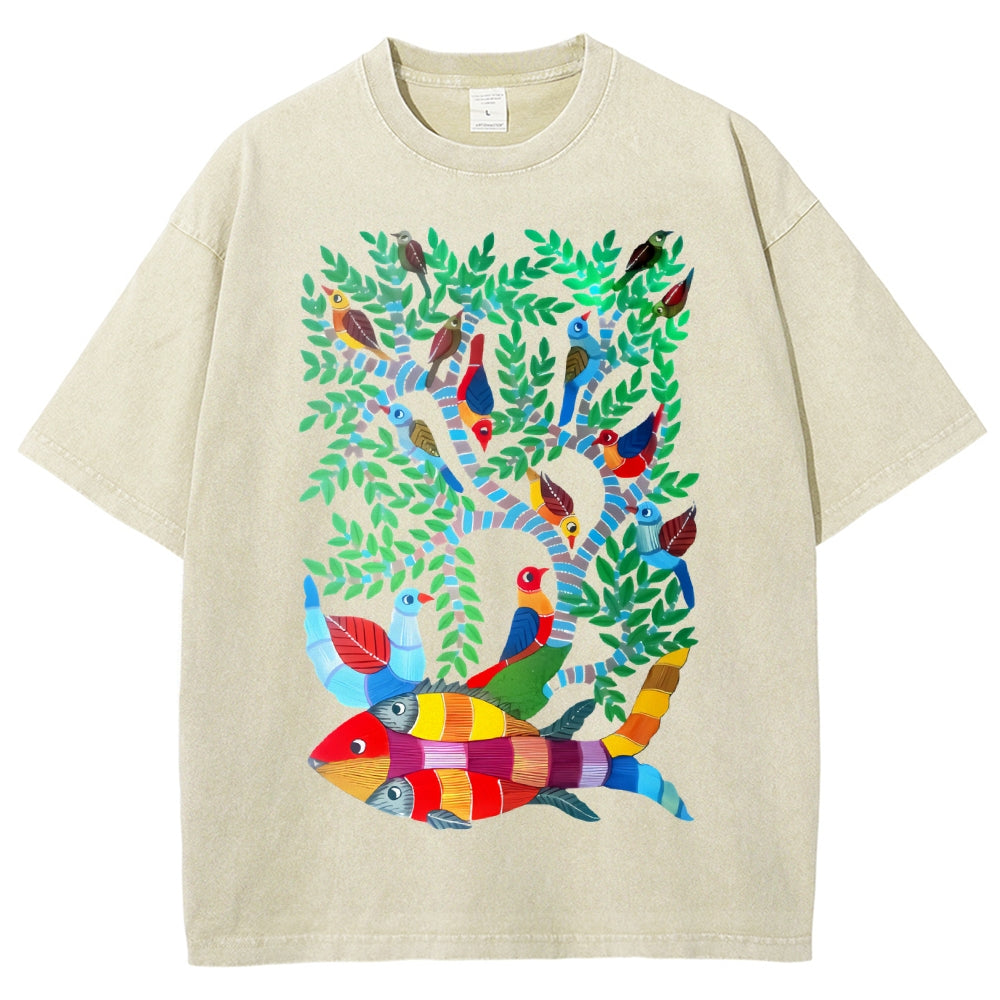 Unisex Colorful Art Fish Printed Washed Tee
