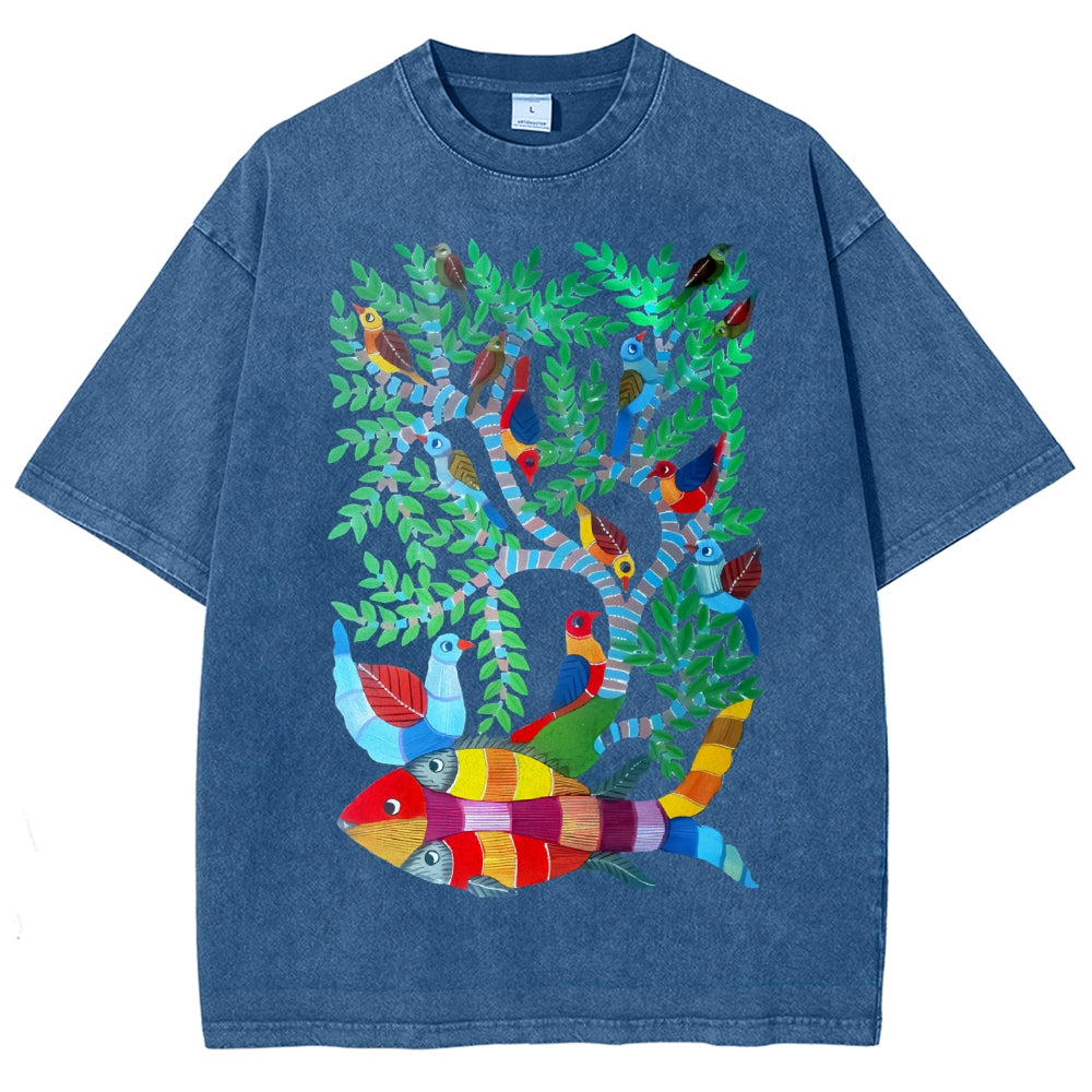 Unisex Colorful Art Fish Printed Washed Tee