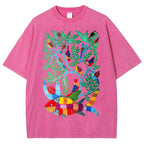 Unisex Colorful Art Fish Printed Washed Tee