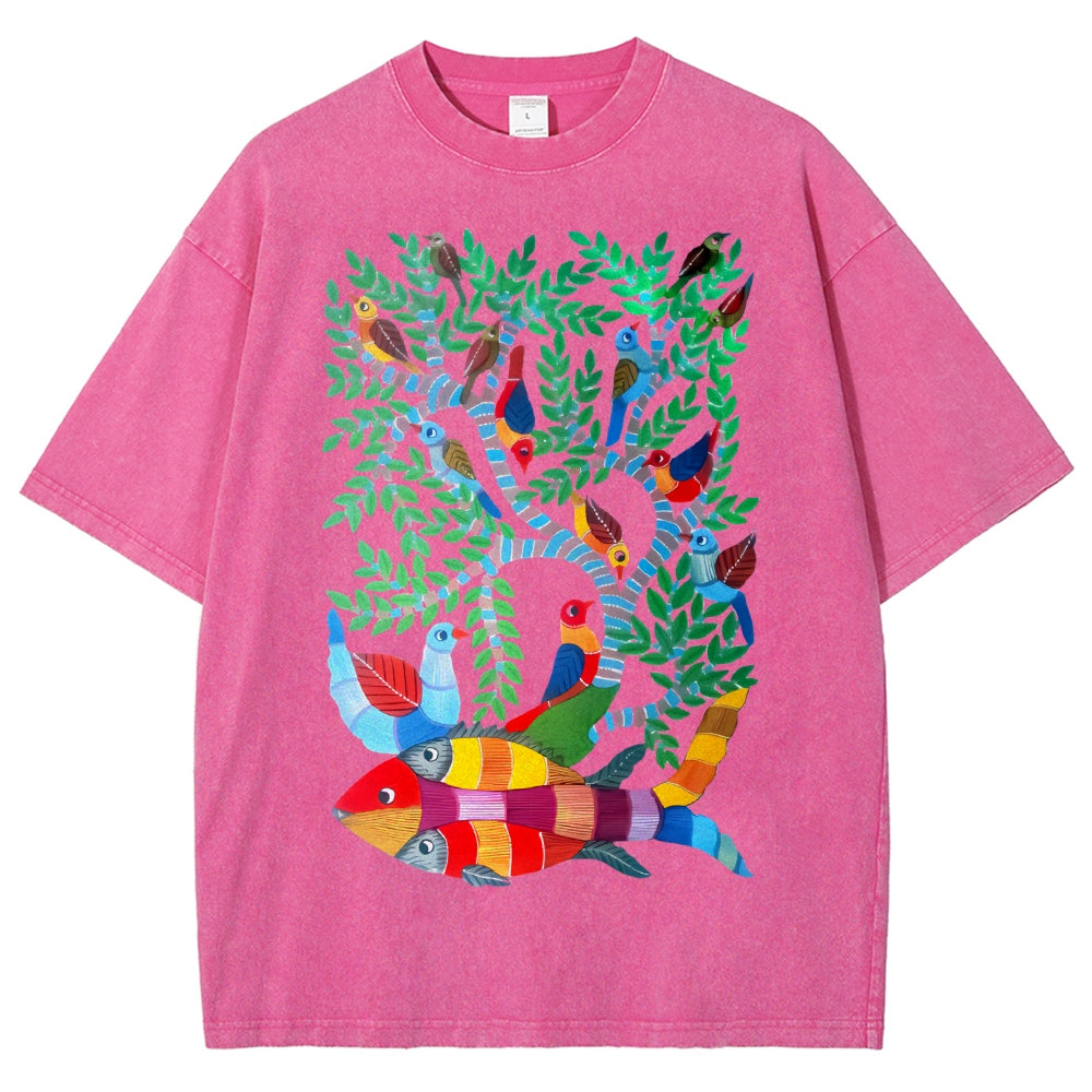 Unisex Colorful Art Fish Printed Washed Tee