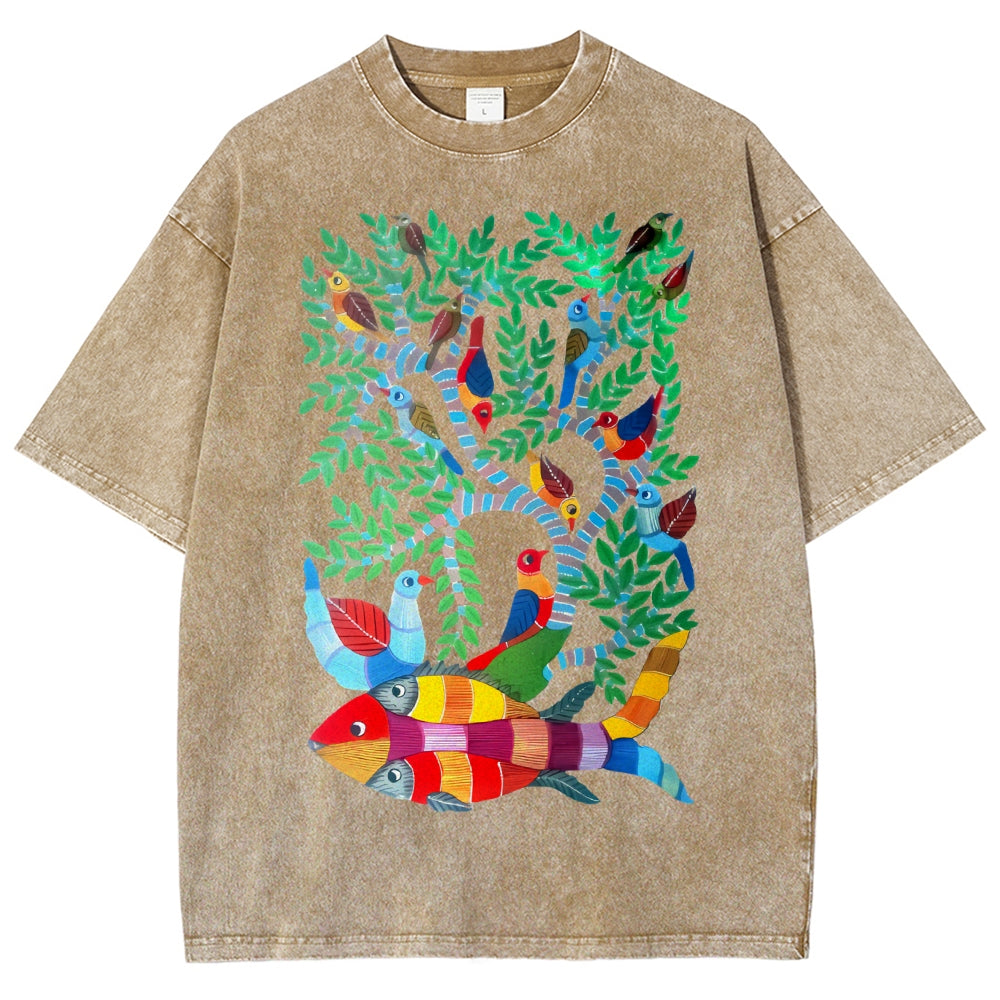 Unisex Colorful Art Fish Printed Washed Tee