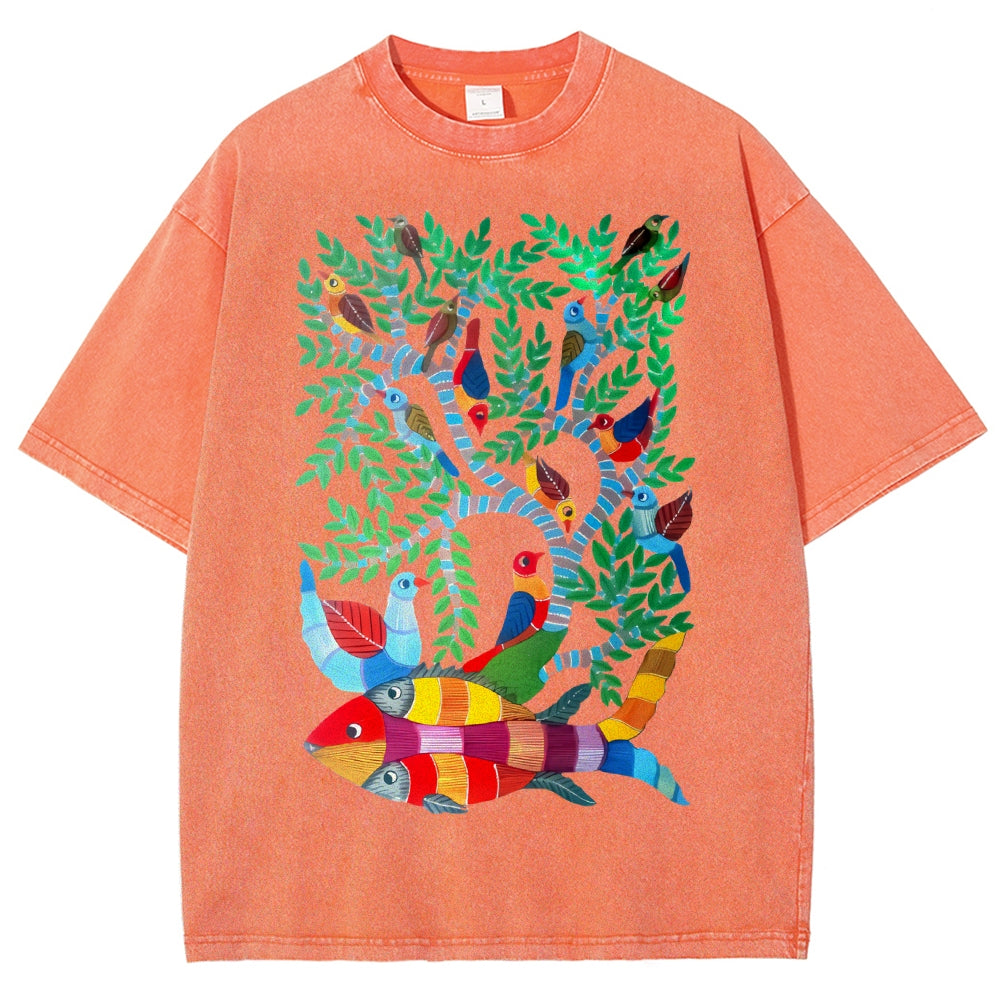 Unisex Colorful Art Fish Printed Washed Tee