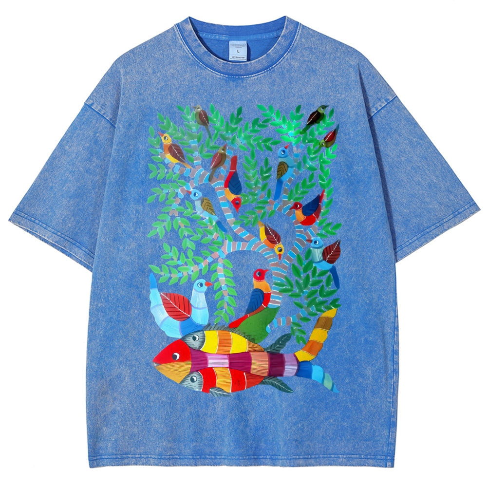 Unisex Colorful Art Fish Printed Washed Tee