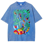 Unisex Colorful Art Fish Printed Washed Tee