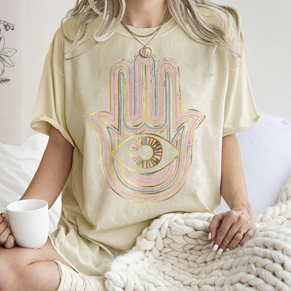 Unisex Geometric Hand Eyes Printed Washed Tee