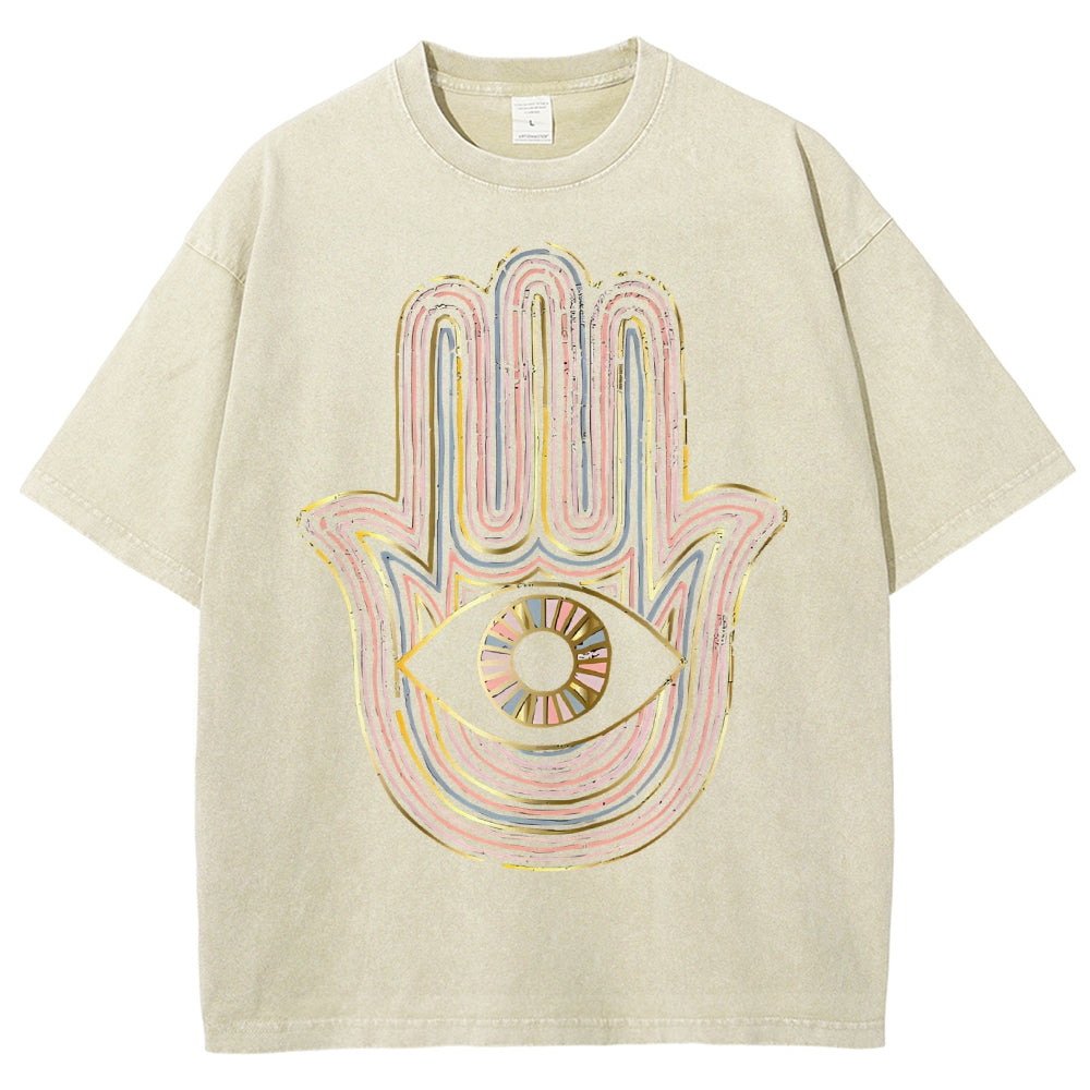 Unisex Geometric Hand Eyes Printed Washed Tee