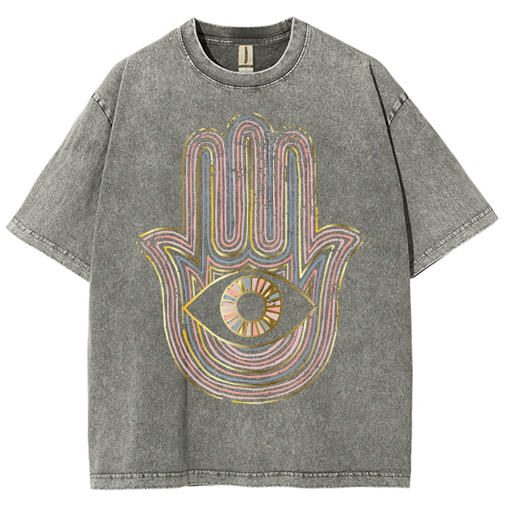 Unisex Geometric Hand Eyes Printed Washed Tee