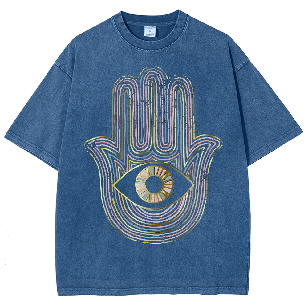 Unisex Geometric Hand Eyes Printed Washed Tee