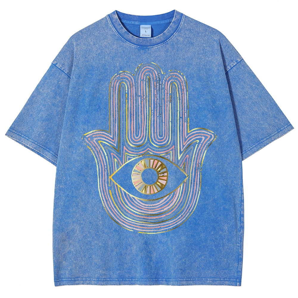 Unisex Geometric Hand Eyes Printed Washed Tee