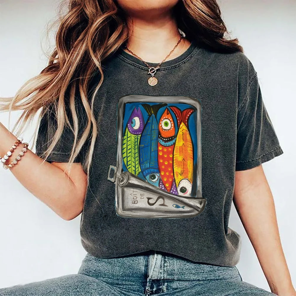 Unisex Canned Sardines Printed Washed Tee