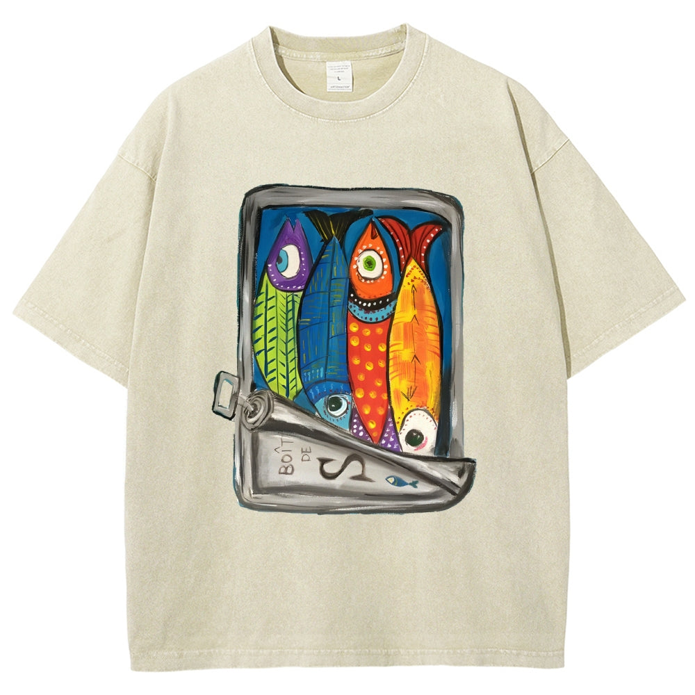 Unisex Canned Sardines Printed Washed Tee