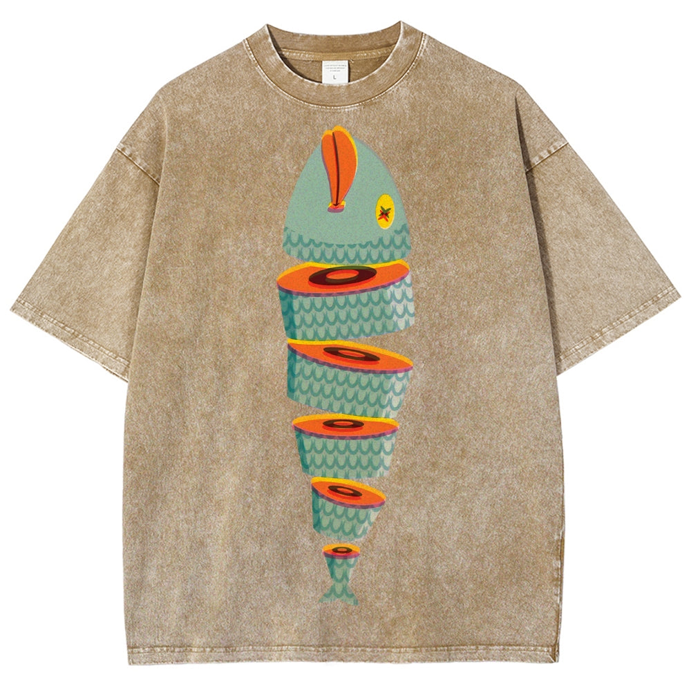 Unisex Fish Printed Washed Tee