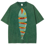 Unisex Fish Printed Washed Tee