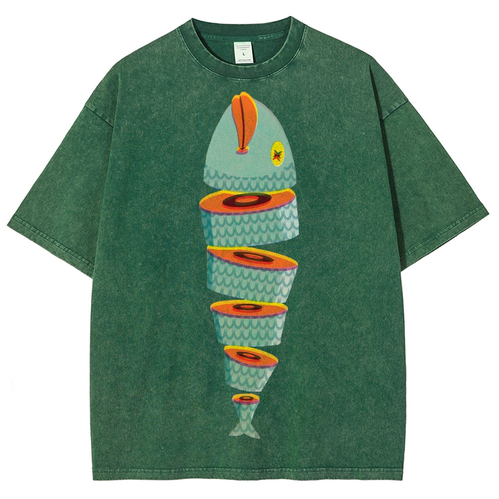 Unisex Fish Printed Washed Tee