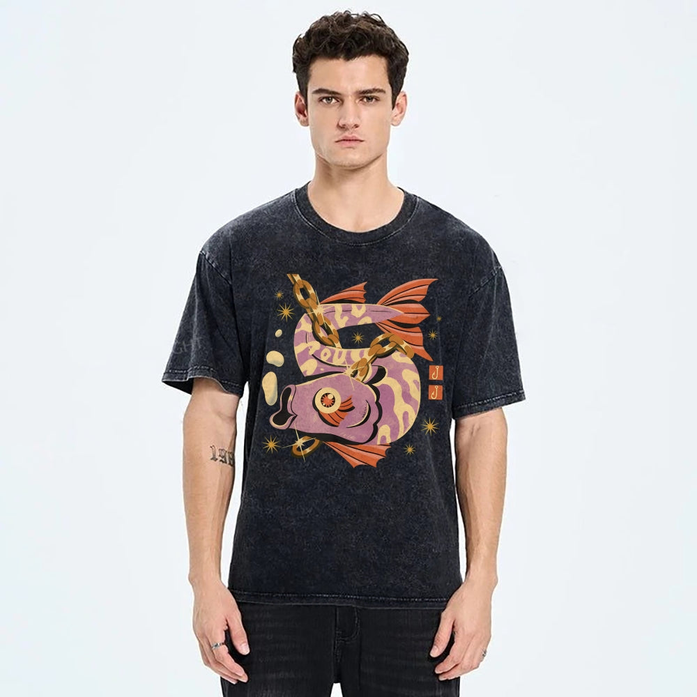 Unisex Vintage Fish Printed Washed Tee