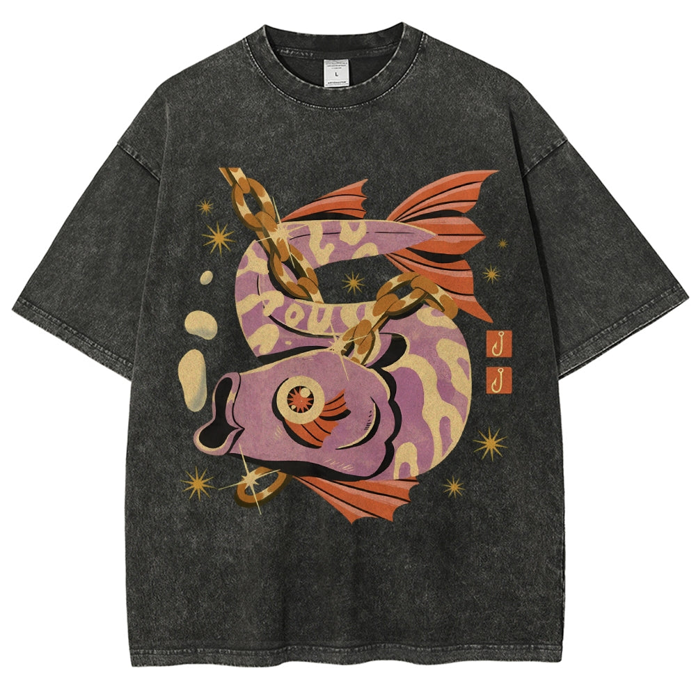 Unisex Vintage Fish Printed Washed Tee