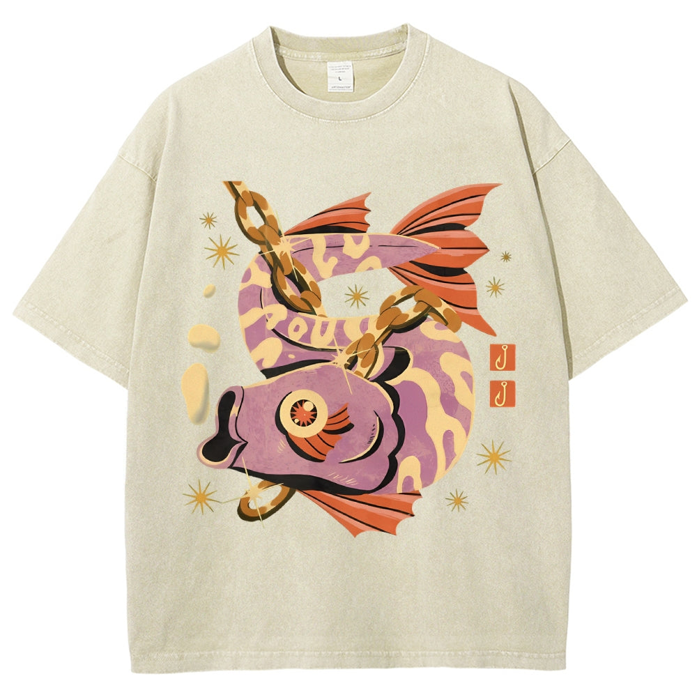 Unisex Vintage Fish Printed Washed Tee