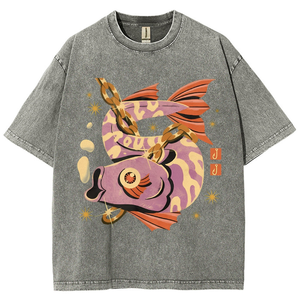 Unisex Vintage Fish Printed Washed Tee