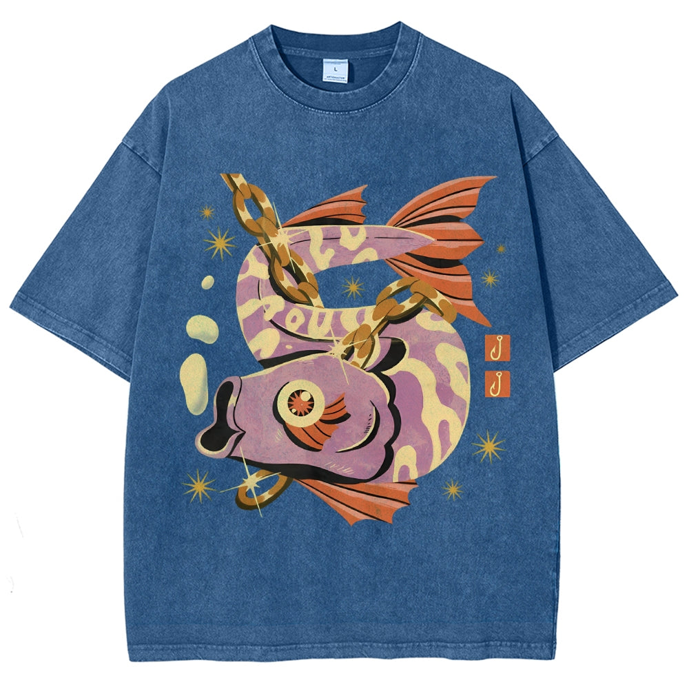 Unisex Vintage Fish Printed Washed Tee