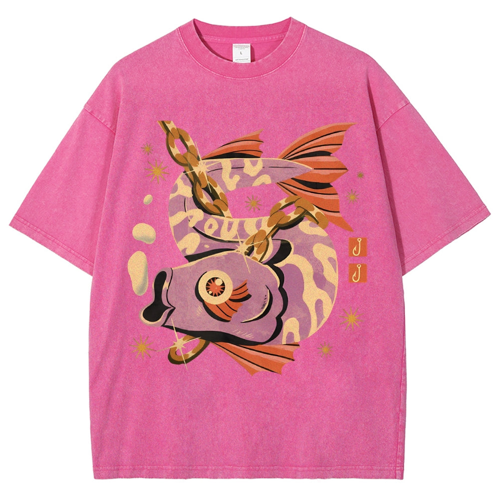 Unisex Vintage Fish Printed Washed Tee
