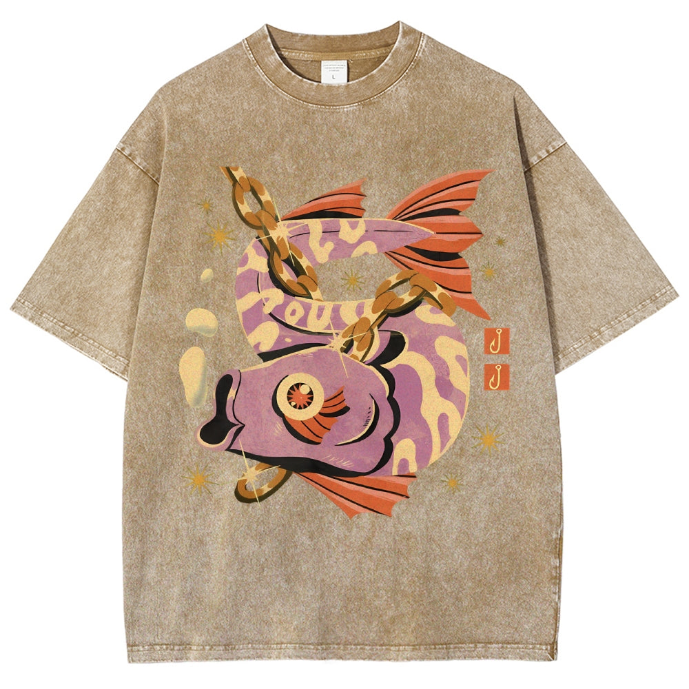 Unisex Vintage Fish Printed Washed Tee