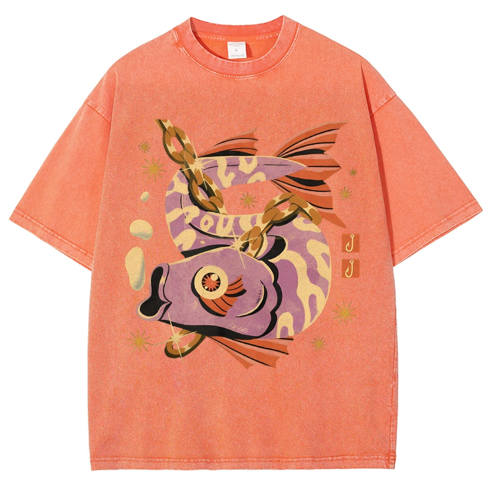 Unisex Vintage Fish Printed Washed Tee