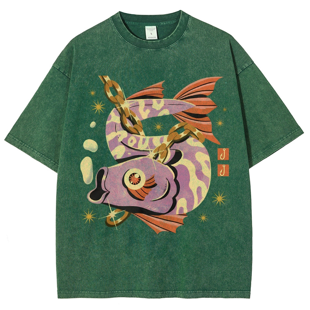Unisex Vintage Fish Printed Washed Tee
