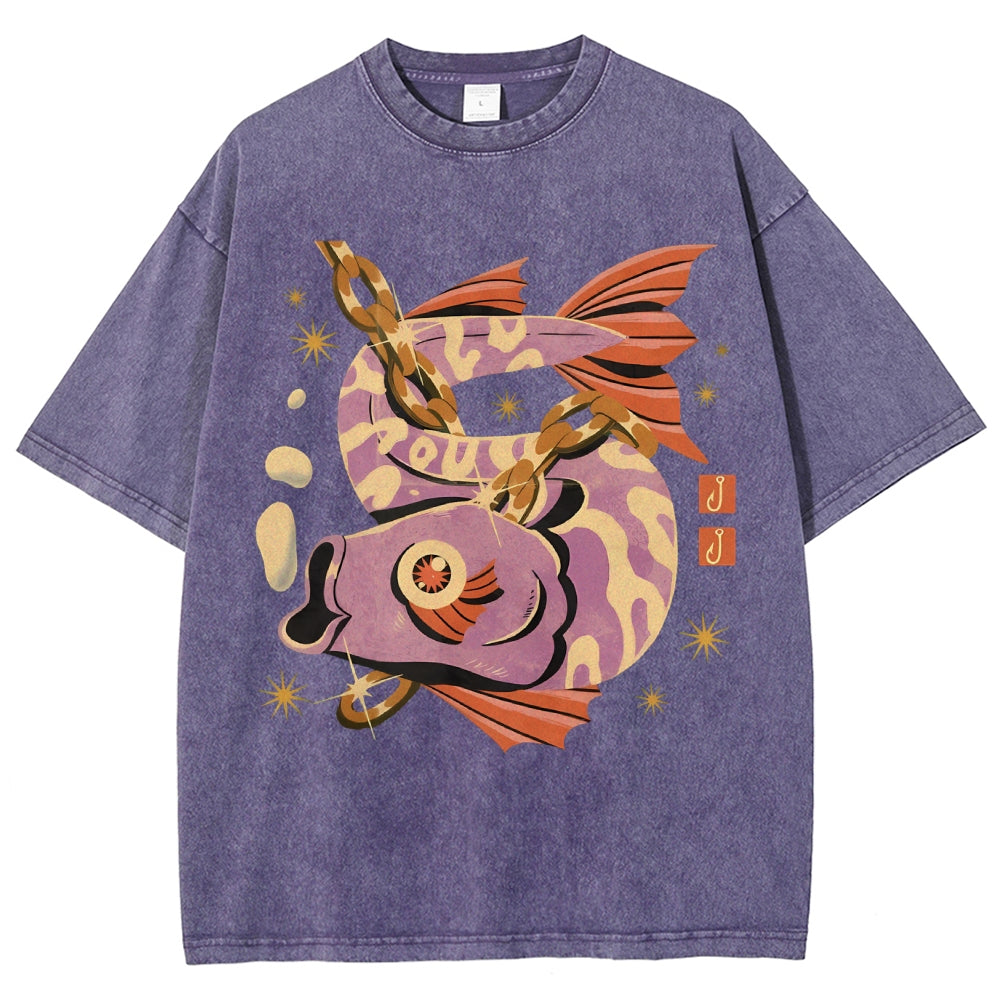 Unisex Vintage Fish Printed Washed Tee
