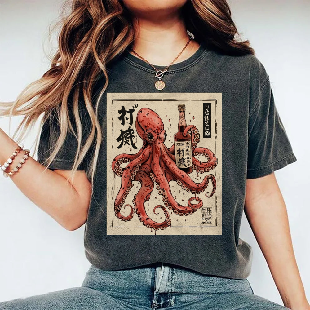 Unisex Octopus Printed Washed Tee
