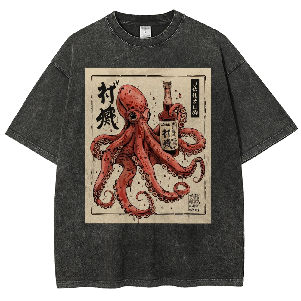 Unisex Octopus Printed Washed Tee