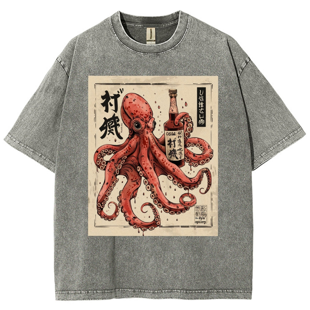 Unisex Octopus Printed Washed Tee