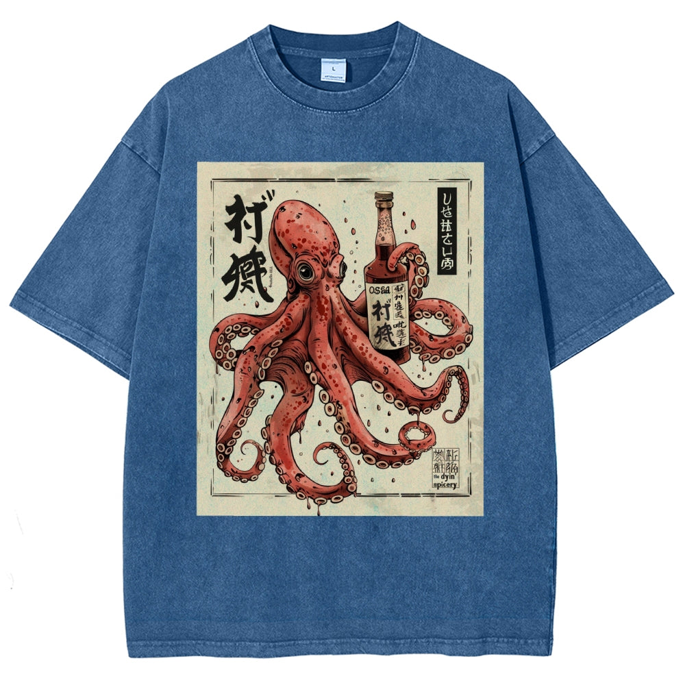 Unisex Octopus Printed Washed Tee