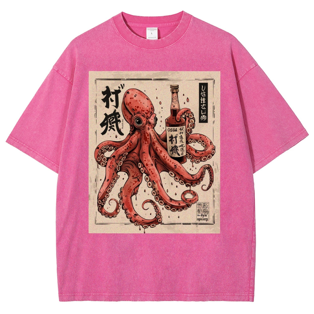 Unisex Octopus Printed Washed Tee