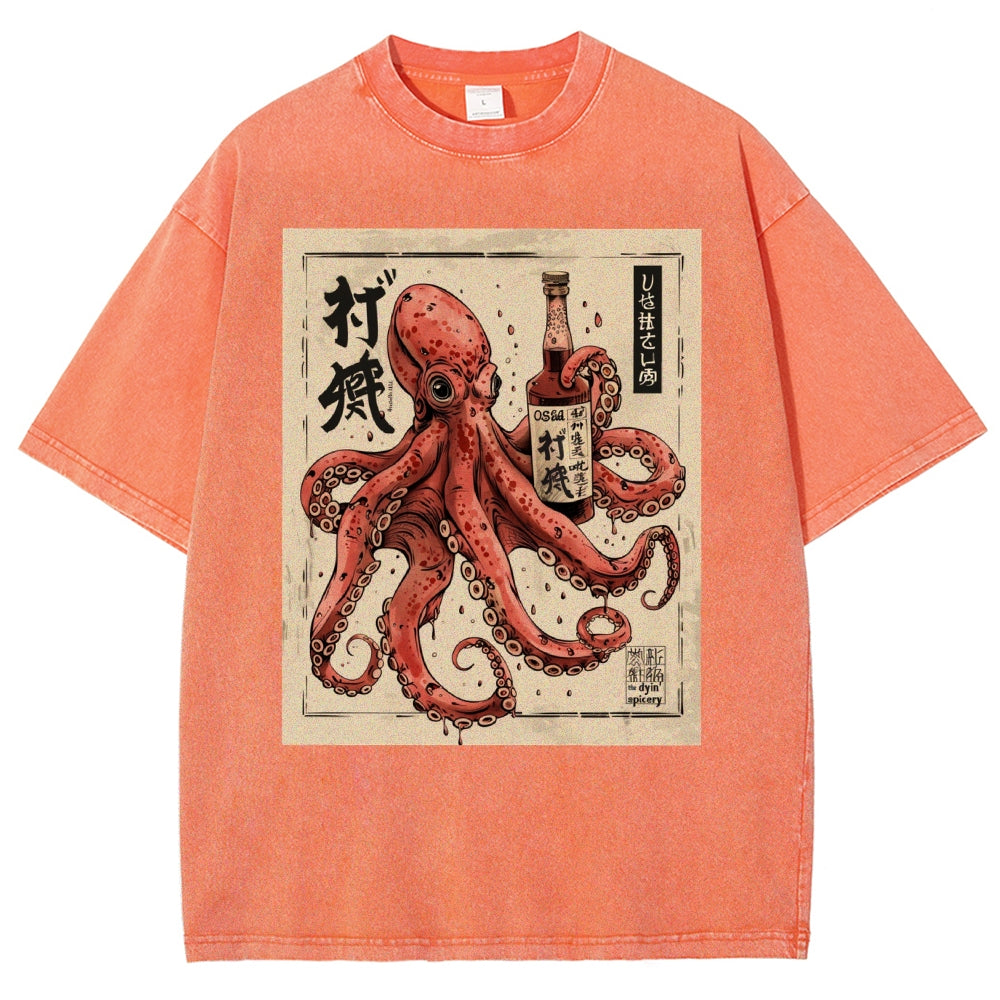 Unisex Octopus Printed Washed Tee