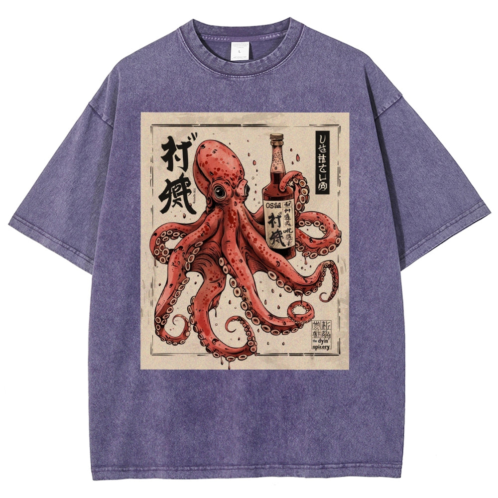 Unisex Octopus Printed Washed Tee