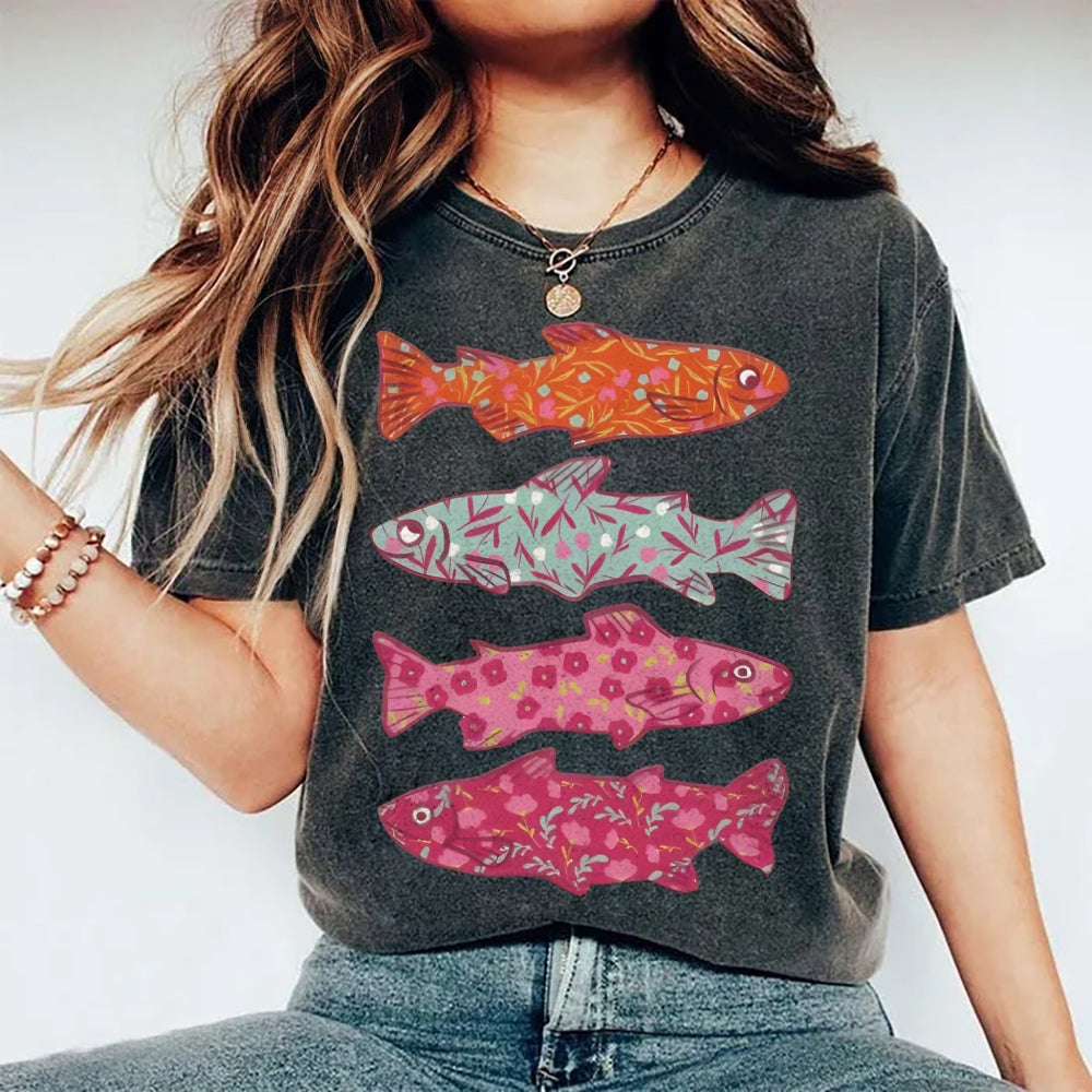 Unisex Flower Fish Printed Washed Tee