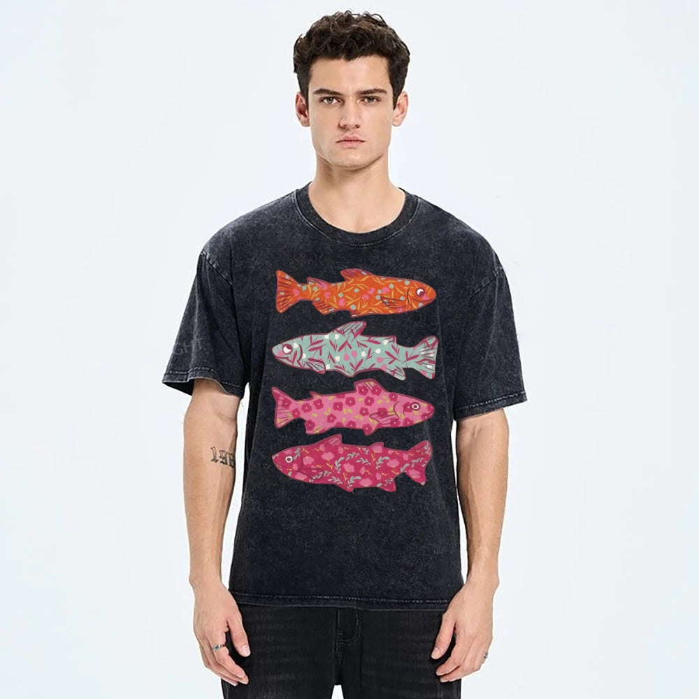 Unisex Flower Fish Printed Washed Tee