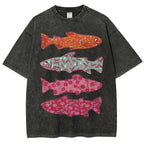 Unisex Flower Fish Printed Washed Tee
