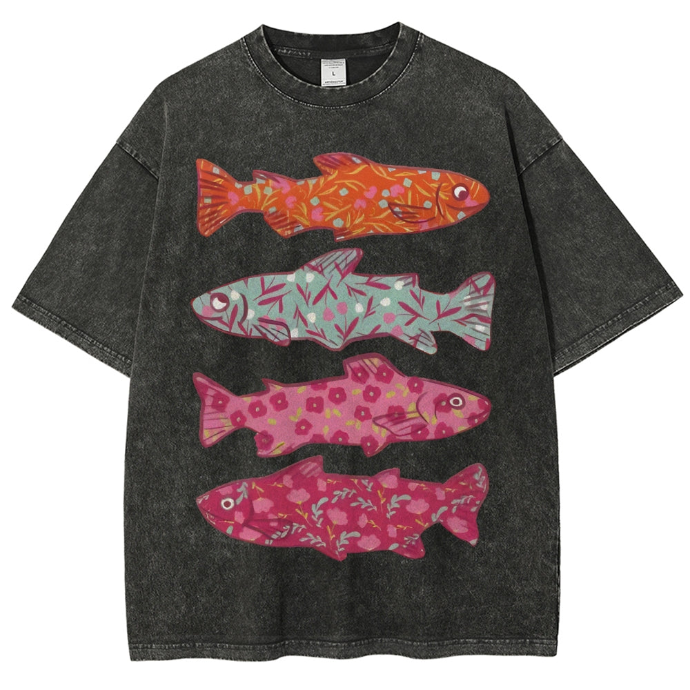 Unisex Flower Fish Printed Washed Tee