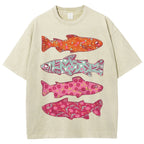Unisex Flower Fish Printed Washed Tee